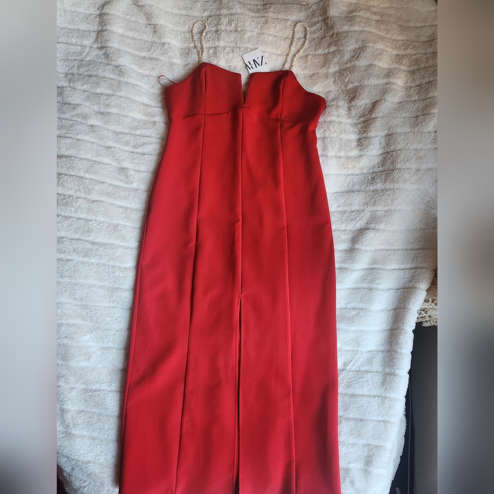Zara midi dress with pearl straps red size XL BNWT - Picture 6 of 15